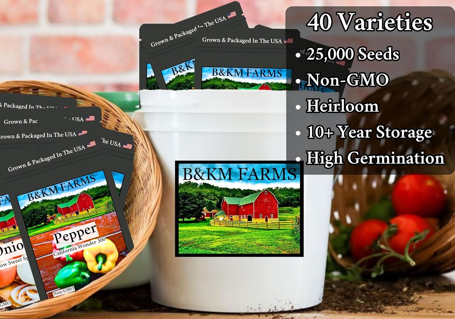 B&KM Farms 46,000+ Non-GMO Heirloom Seed Kit-40 Fruit & Vegetable Variety
