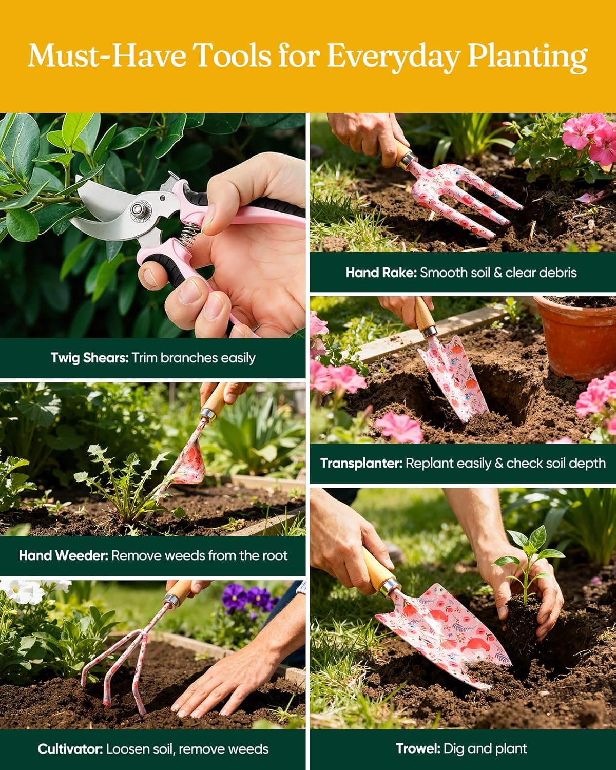 12-Piece Gardening Tool Set, Heavy-Duty Garden Tools for Women | Floral Print Rust-Proof Trowel, Rake, Weeder & Pruner