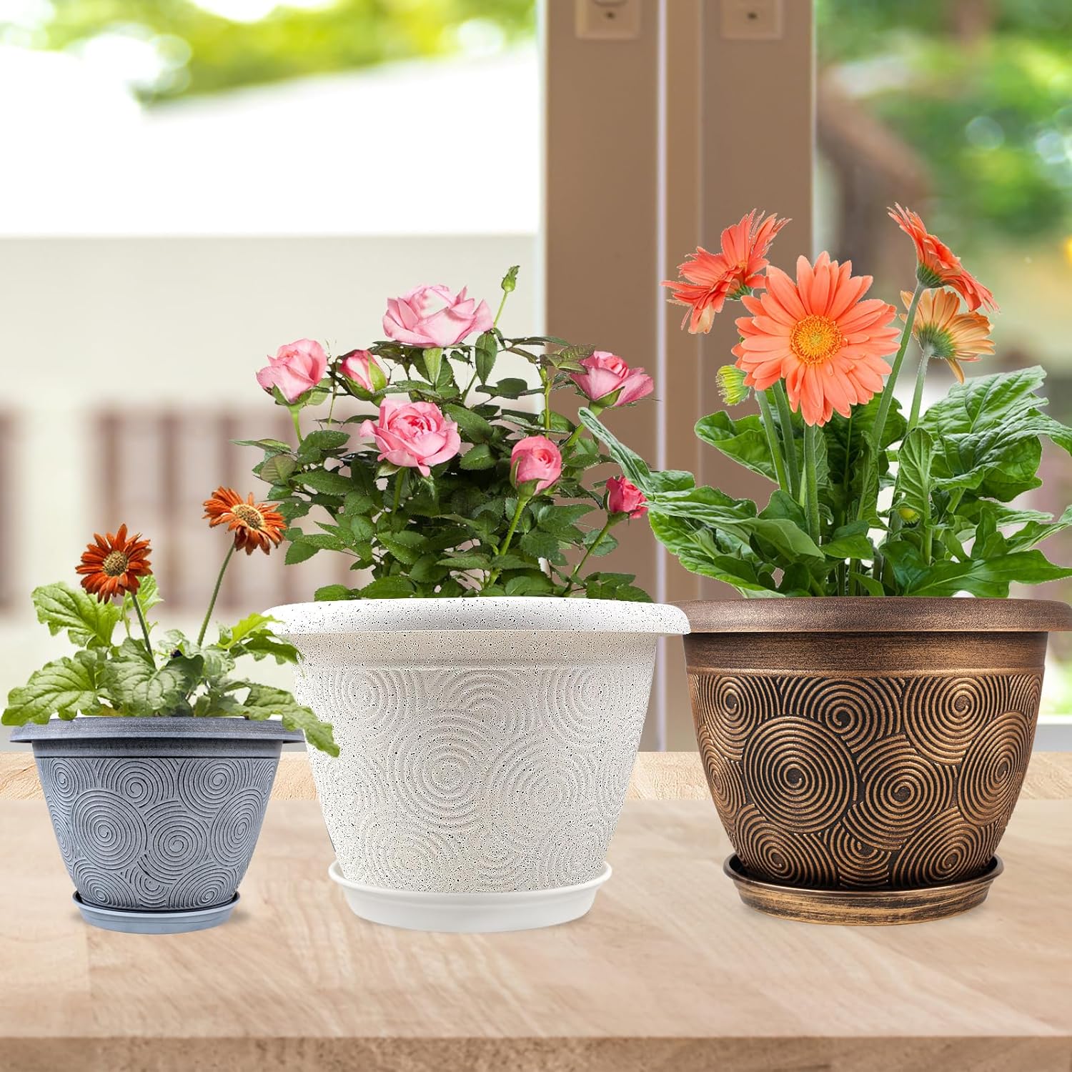 Fodetyff 10 Inch Flower Pots Planters for Indoor Outdoor Plants, 3 Pack Plastic Large Plant Pots with Drainage Hole &
