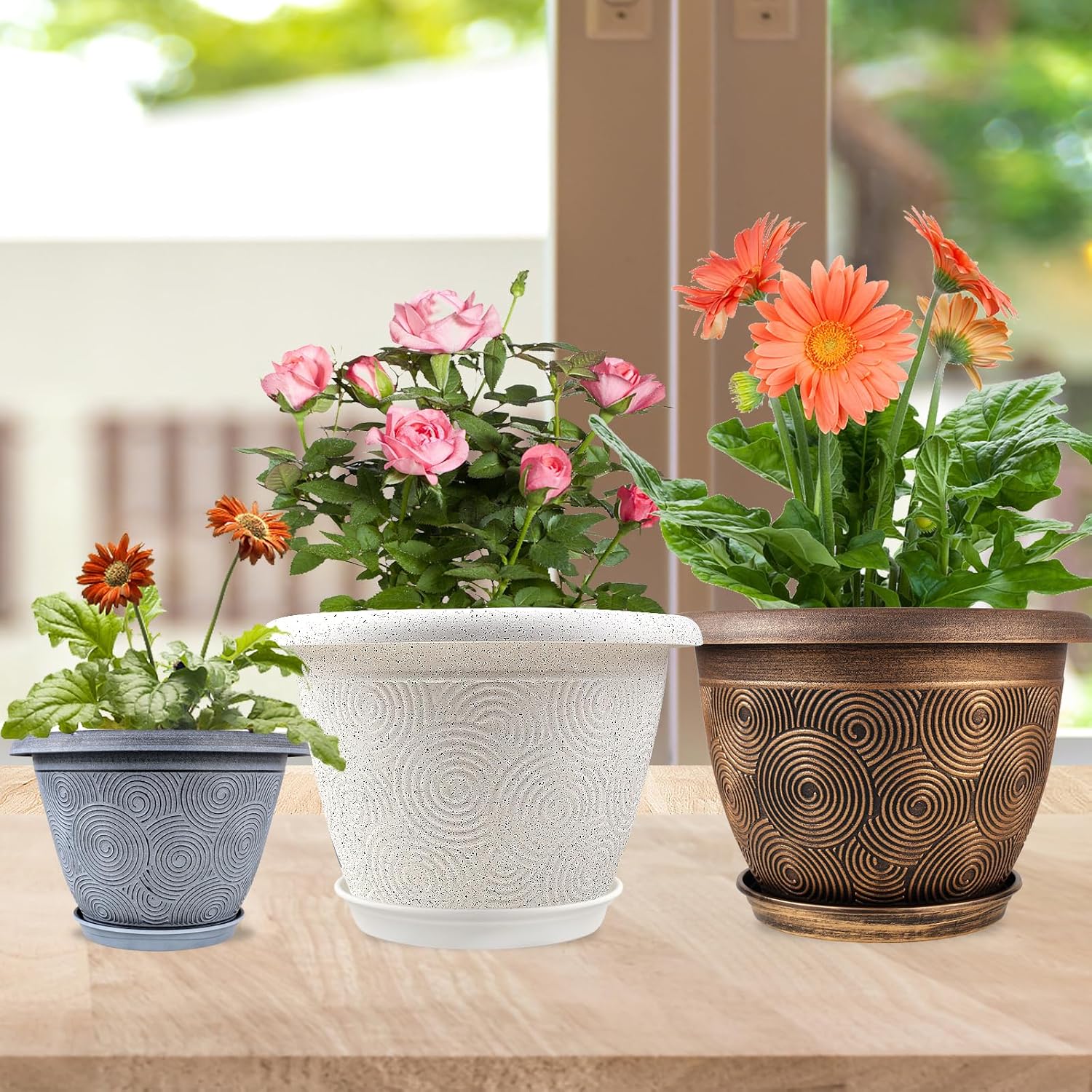 Fodetyff 14 Inch Large Planter Pot for Plants Indoor Outdoor, 4 Pack Plastic Flower Pots with Drainage Hole & Tray