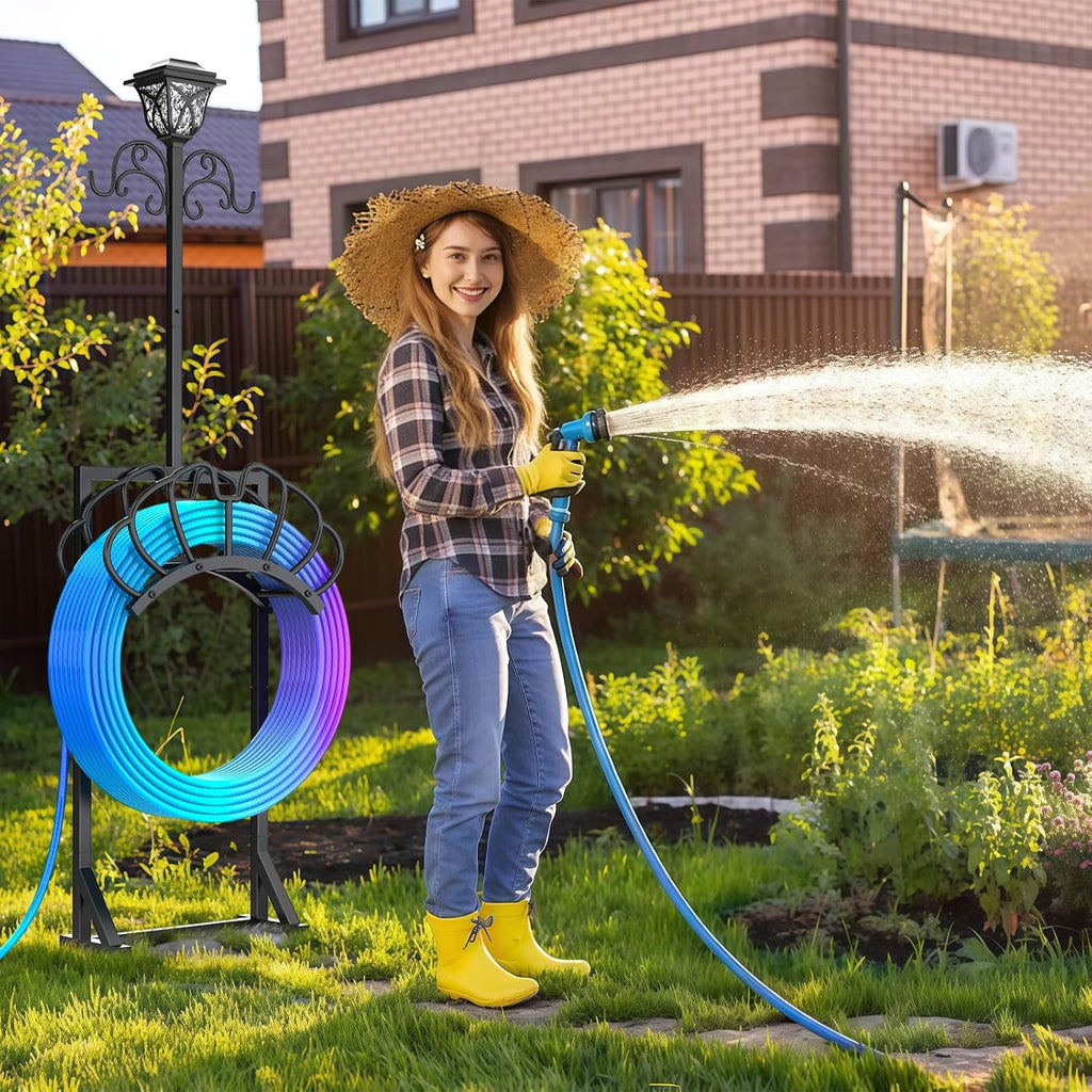 Garden Water Hose Holder with Solar Light & Shepherds Hooks for outside | Stores 160" Hose, Freestanding with Double