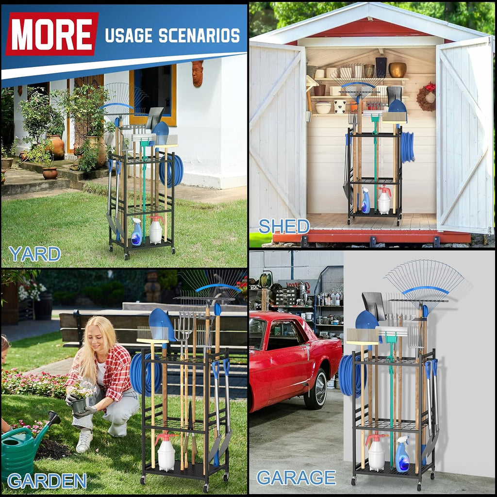 DAOUTIME Garden Organizer With Wheels, Yard Tower Rack for Garage Storage, Up to 35 Long-Handled Tools, Sturdy Metal