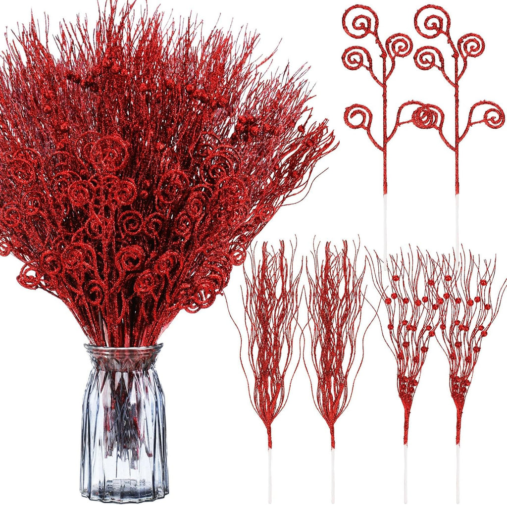 Suncalla 8 Pcs Glitter Christmas Tree Picks, Red Green White Berry Stems