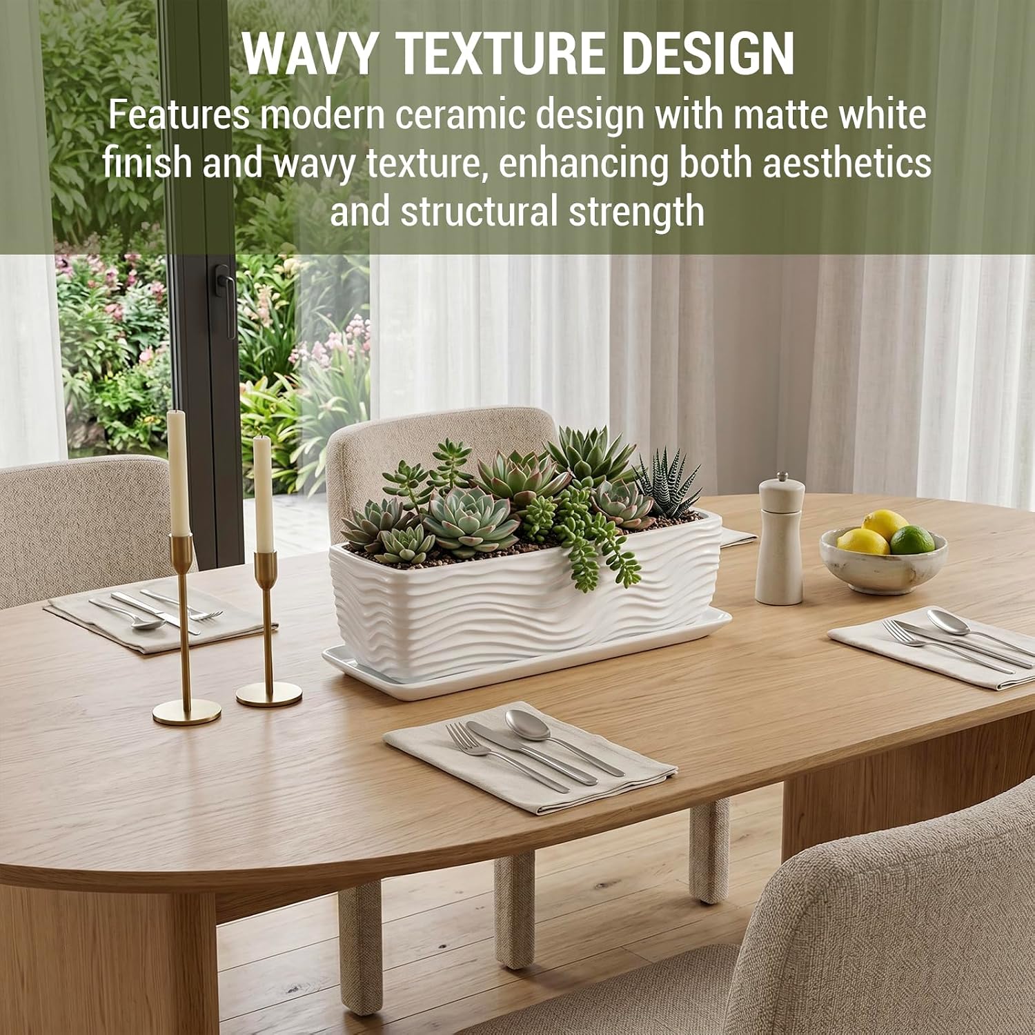 MyGift 12.5 inch Ceramic Planter, Modern Textured Rectangular Succulent Flower Plant Pot with Wave Design and Removable