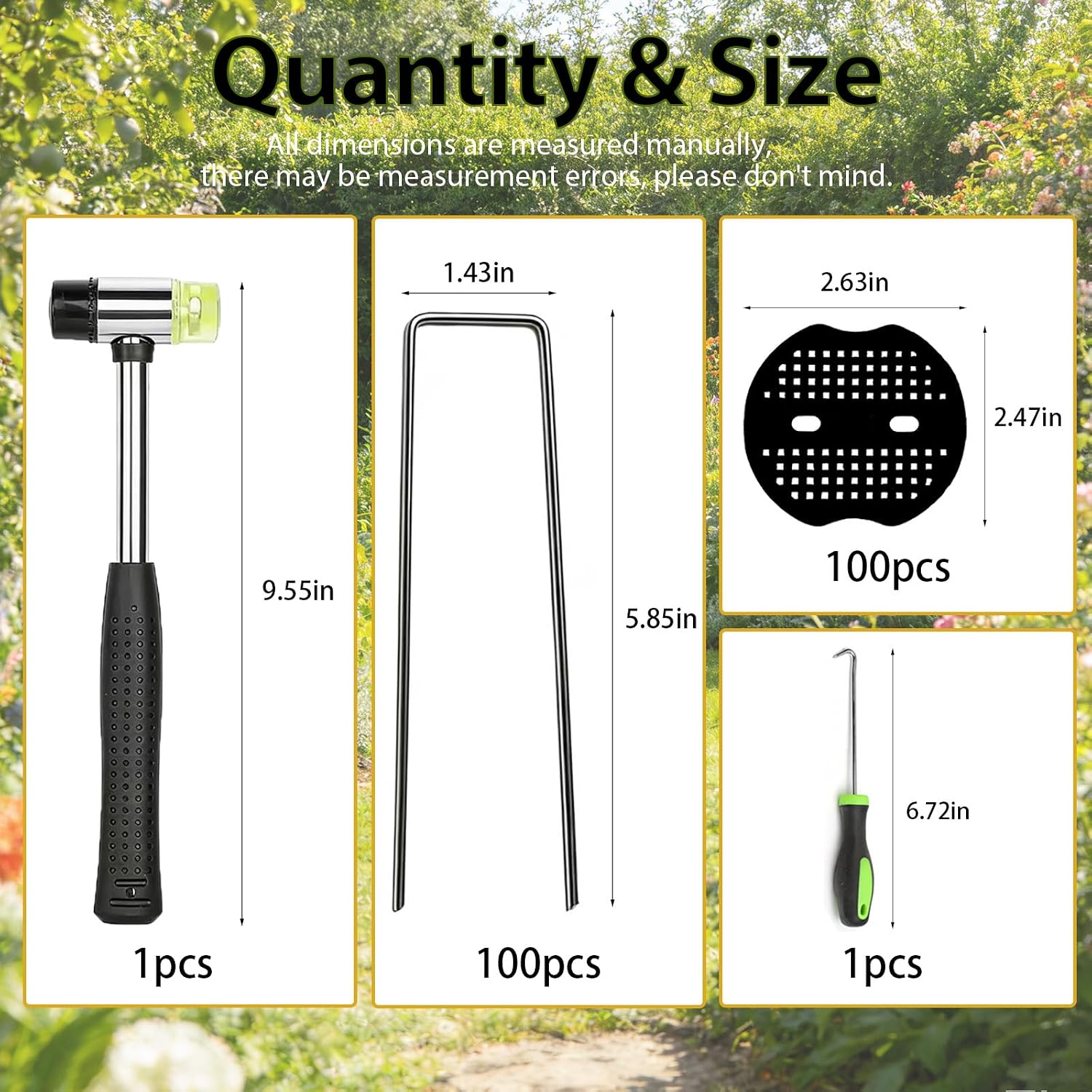 202Pcs Garden Stake Staple kit, 100Pcs 6-inch U-Shaped Landscape Staples, 100 Fixing Gasket, Pick Hook, Rubber Mallet