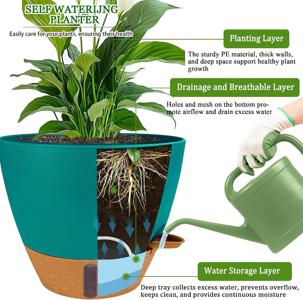 2 Pack 10 inch Plant Pots, Plastic Self Watering Planters | Drainage Holes, Deep Reservoir, Water Level Indicator
