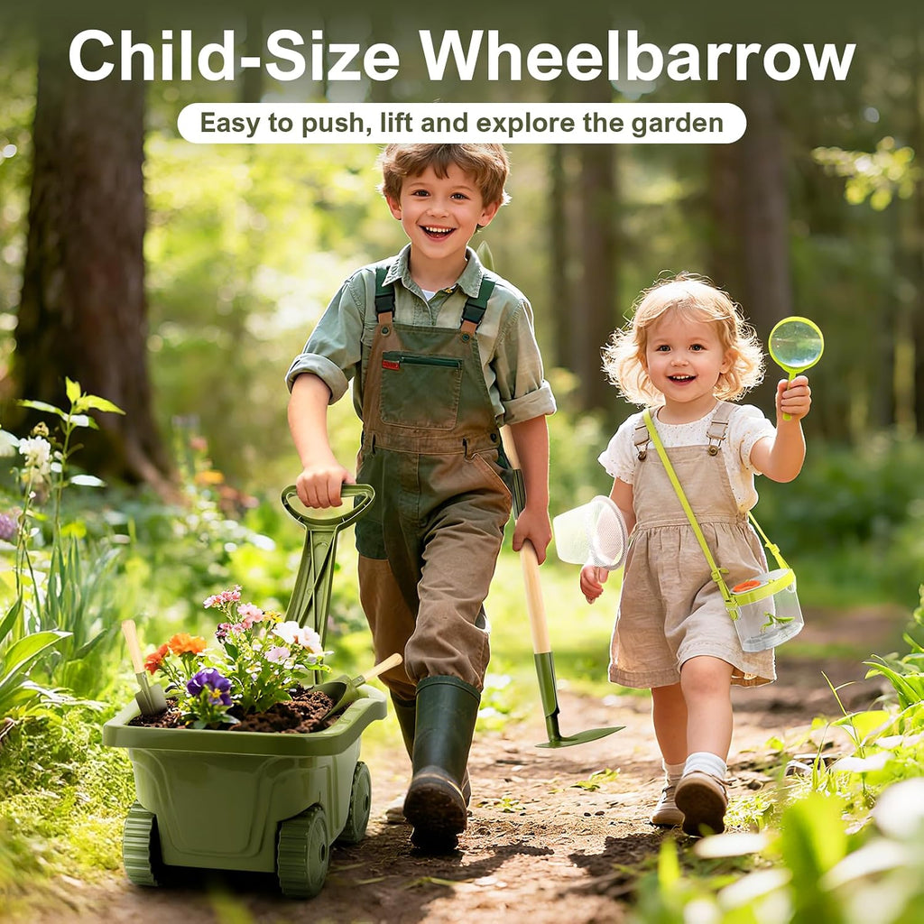 Dreamon Kids Gardening Set, 14Pcs Kids Gardening Tool with Bug Catching Kit | 2-in-1 Outdoor Toys with Wheelbarrow and