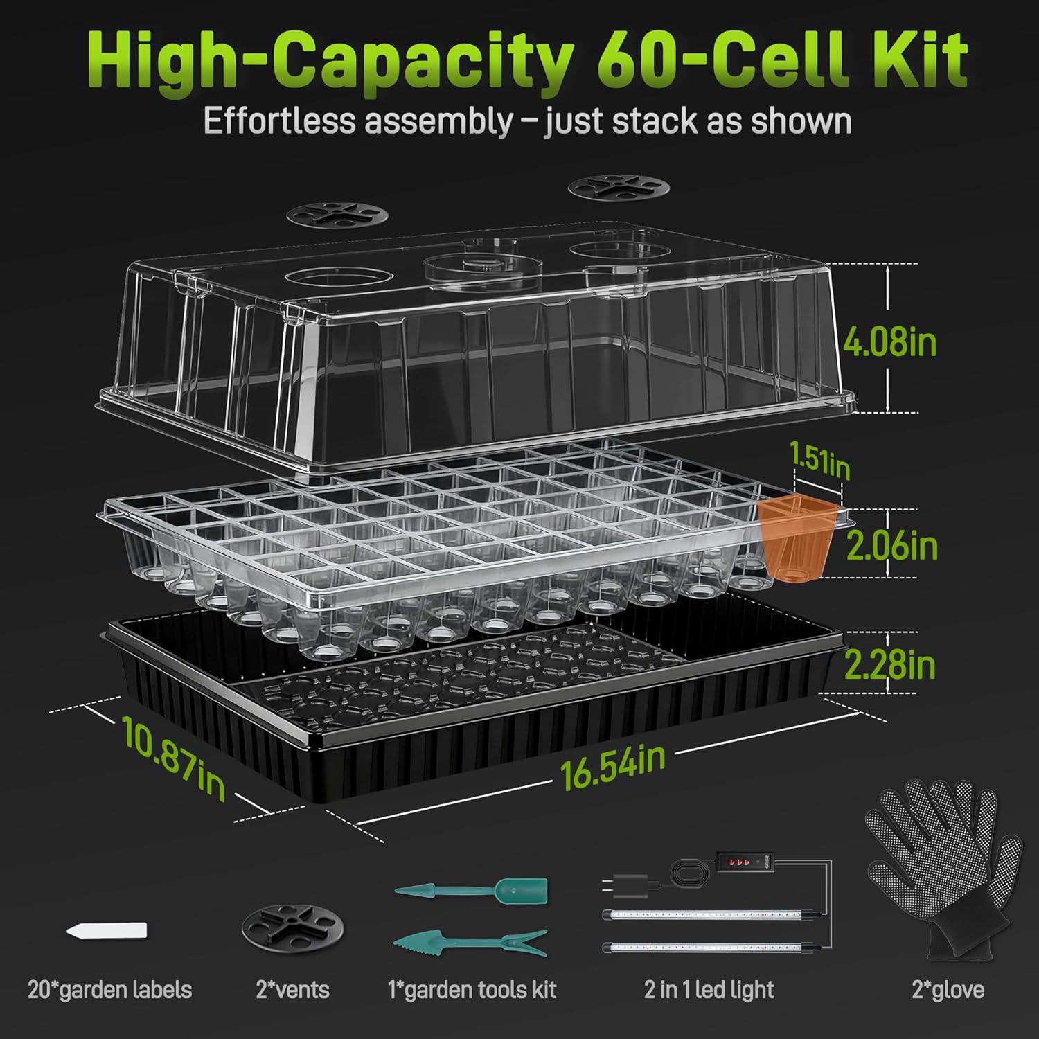 Mulctun 60-Cell Seed Starter Tray with Grow Light, Seedling Starter Trays with 4.08" Humidity Dome, Self-Watering Plant