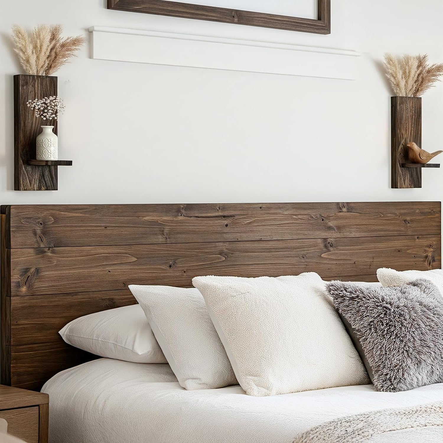 Wood Wall Decor Set of 2, Farmhouse Wall Planter for Small Spaces | wall vase and candle sconce in one, eucalyptus and