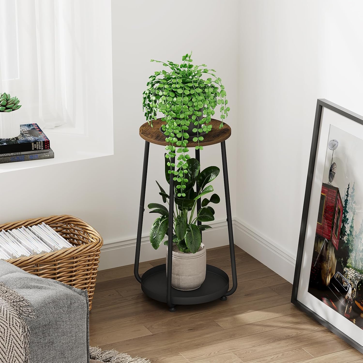 YINMIT Plant Stand Indoor Outdoor, 2 Tier Plant Stands, Flower Pot Holder | Small Plant Stand with Adjustable Feet