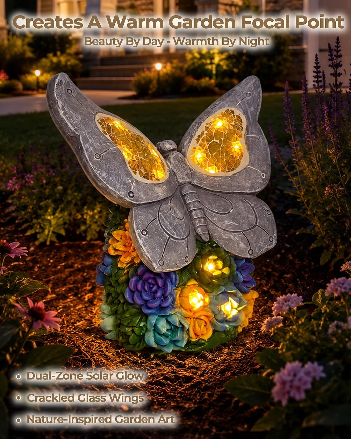 Solar Butterfly Garden Statue, Resin LED Outdoor Decor | Crackled Glass Wings, Succulent Base, Hand-Painted Detail