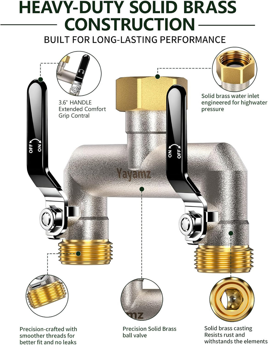 2 Way Garden Hose Splitter, 3/4" GHT Outdoor Faucet Splitter | Heavy-duty Solid Brass Body, Easy-turn Handles &