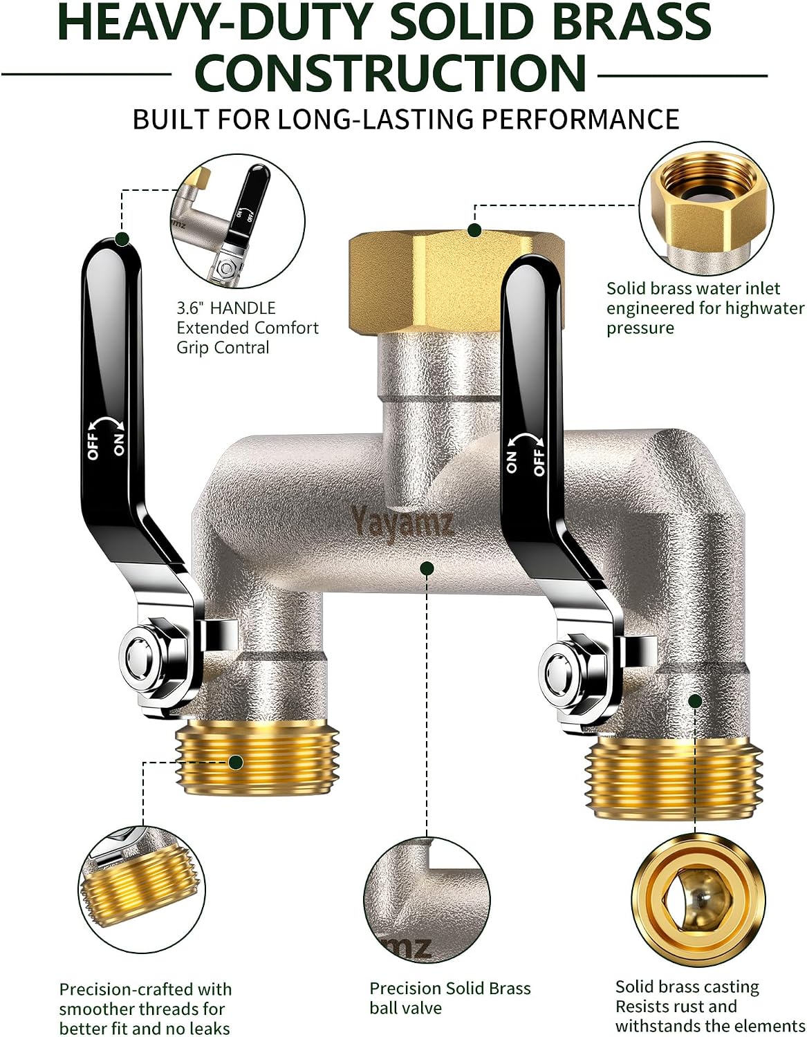 2 Way Garden Hose Splitter, 3/4" GHT Outdoor Faucet Splitter | Heavy-duty Solid Brass Body, Easy-turn Handles &