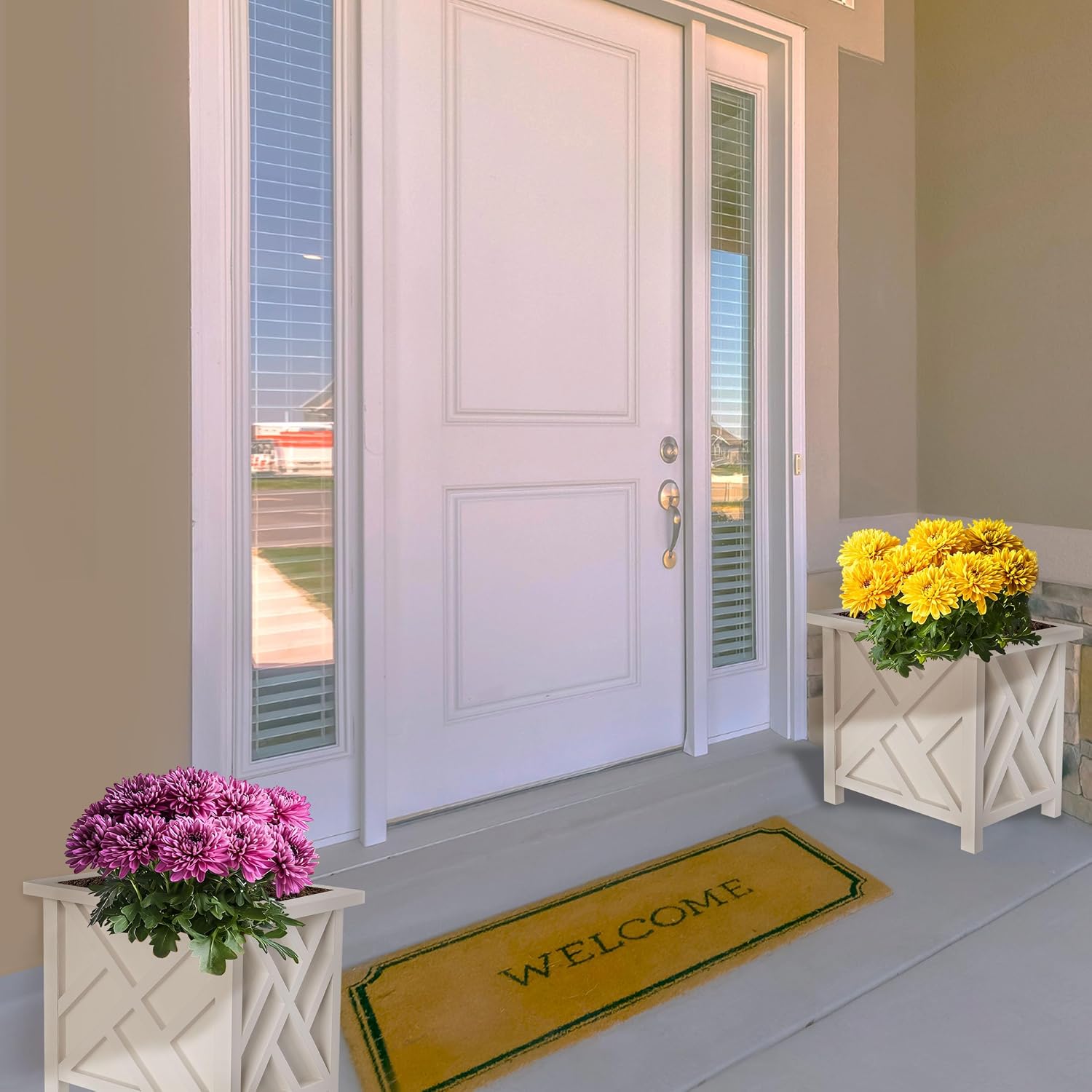 Lattice Design Outdoor Planter Box 2-Pack - 14.75” Square 13” Tall White Decorative Plant Pots for Front Porch Decor