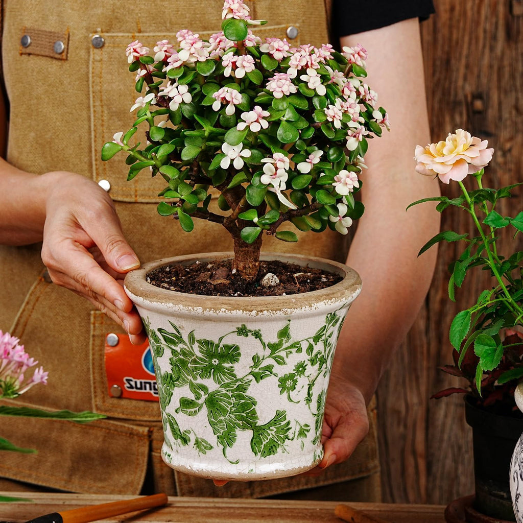 Sungmor Ceramic Flower Pots - 2 Pack, Crackle Glaze & Floral Prints Design | Rustic Farmhouse Planters with Drainage