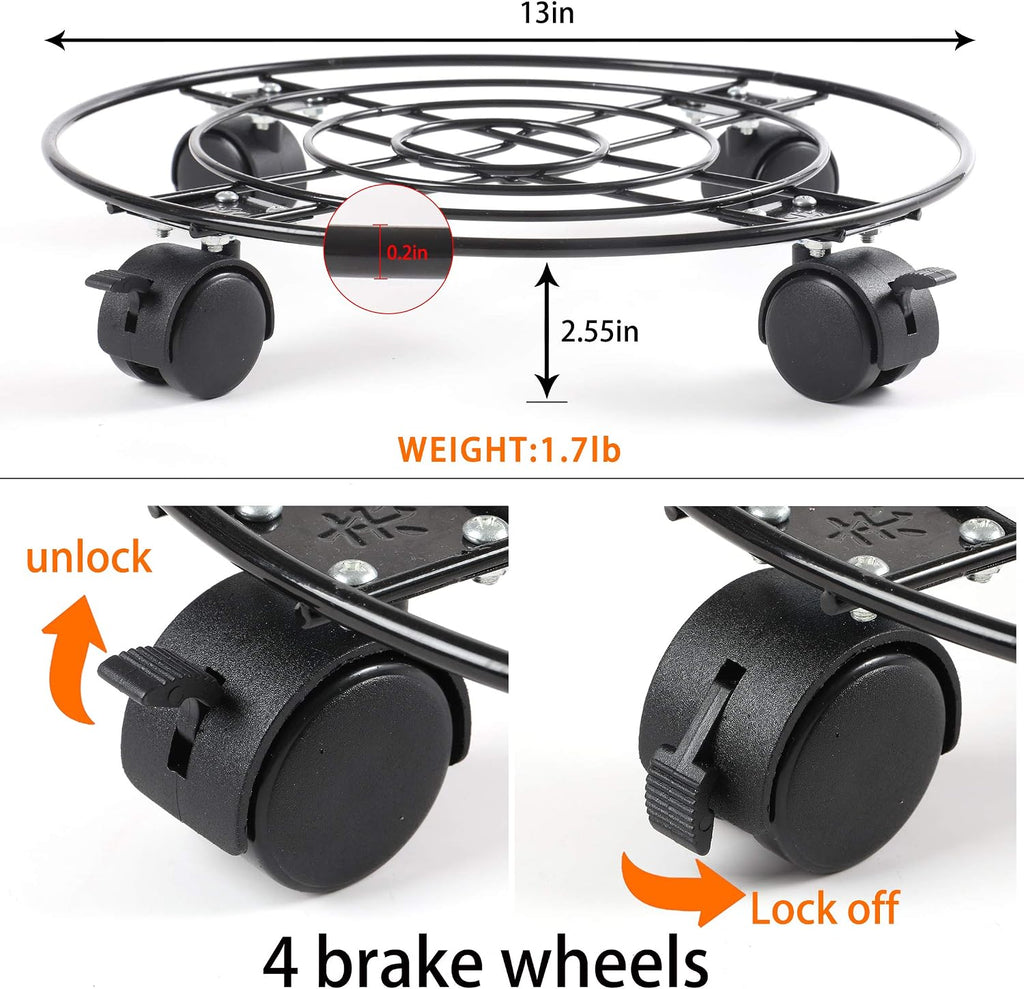 2Pack Plant Caddy with Wheels Heavy Duty Metal Iron, 13'' Black Capable of Bearing 164 LBS, Plant Stand with 360°