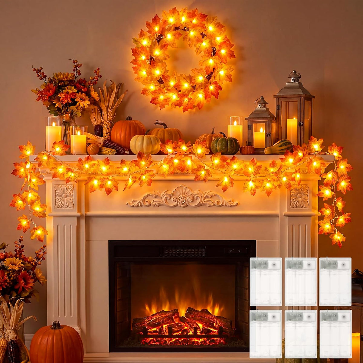 Brightown 6 Pack Fall Decorations for Home Maple Leaf Garland with Lights