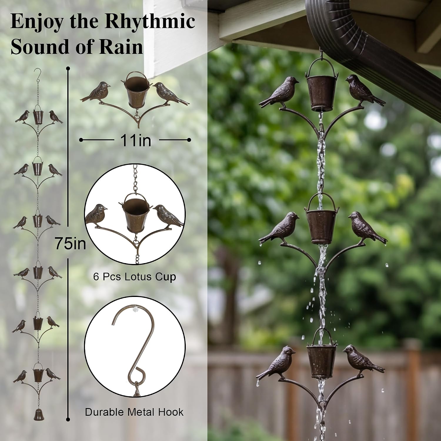 Topadorn 6.3 FT Rain Chain for Gutters, Metal Bird & Bucket, Bronze Finish | Decorative Gutter Chain with Bird and