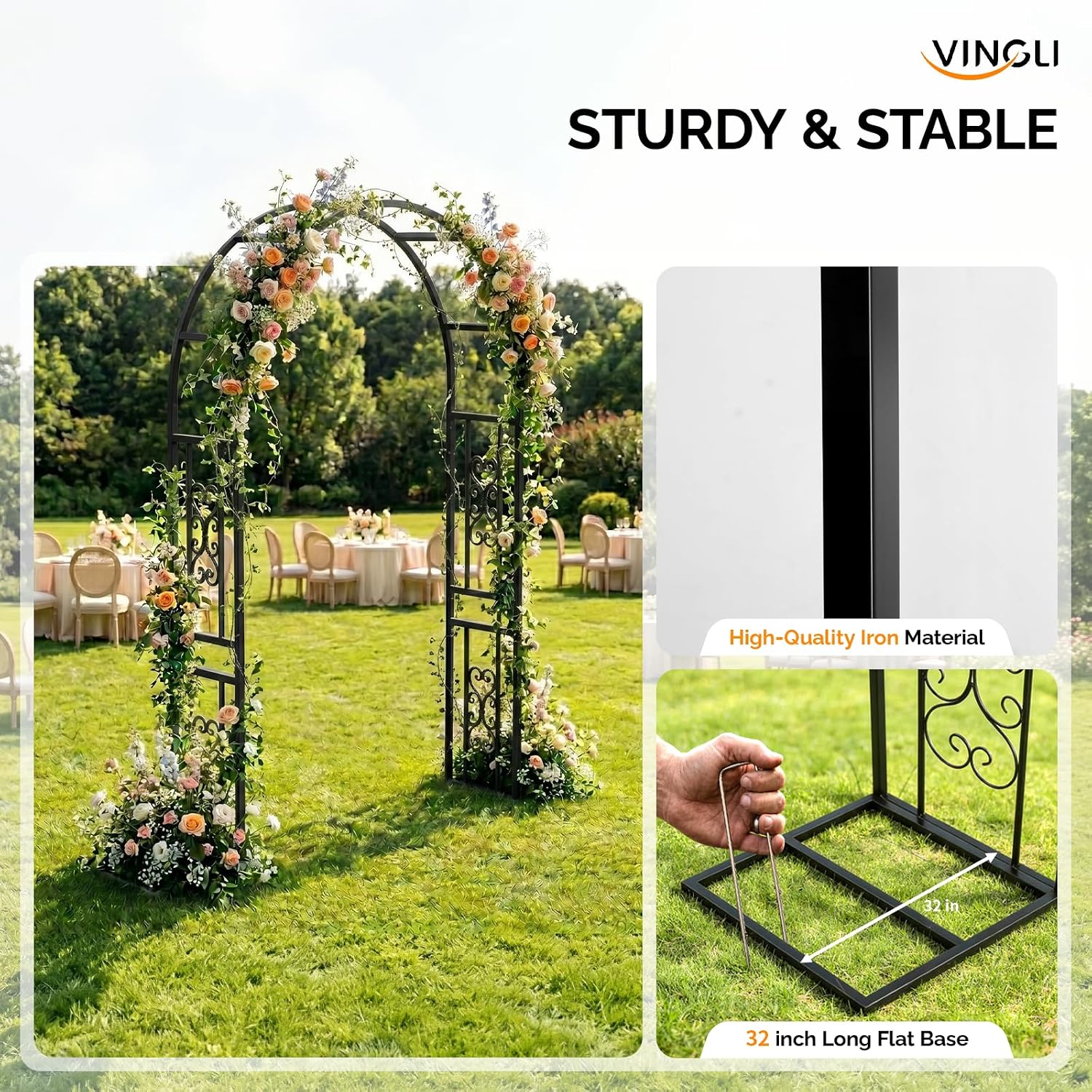 VINGLI Garden Arch Trellis, 7.6ft Arch Trellis for Climbing Plants, Metal Garden Arbor with Flat Base Design for