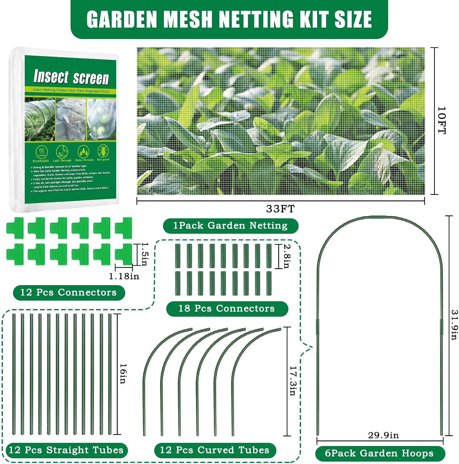10 X 33 FT Garden Mesh Netting Kit Pest Barrier for Raised Beds with Hoops | Fruit Tree Netting with 6 Sets Garden