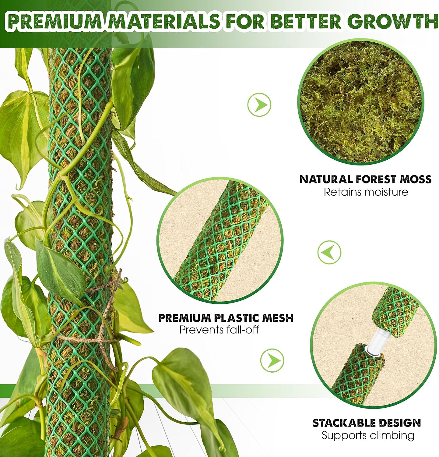 4 Pack 22" Green Stackable Mesh Moss Pole for Plants | Extendable Up to 71", Natural Forest Moss Pole Monstera Plant