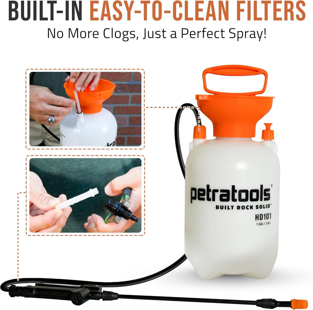 Petratools 1 Gallon Pump Sprayer – HD101 Garden Sprayer for Weeds, Lawn Care & Pesticides – 52” Long Hose, 2 Nozzles &