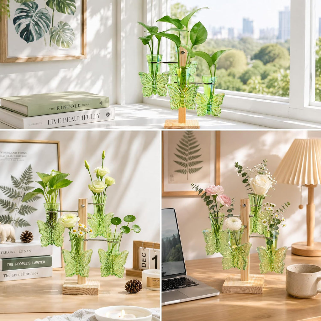 Plant Terrarium Propagation Stations: Green Vase with Wooden Stand | Irised Crystal Clear Glass, Butterfly Shaped, Home