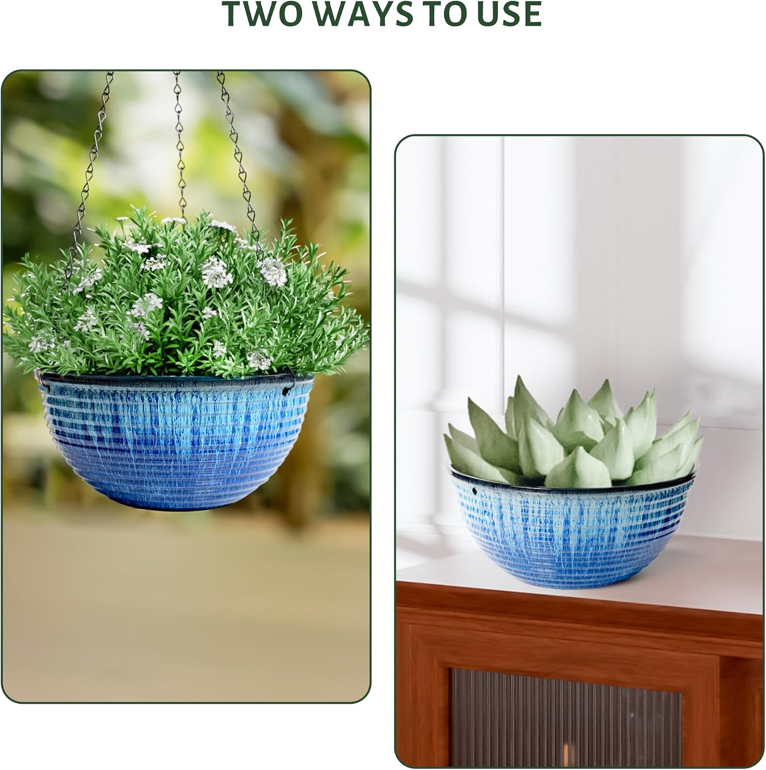 2 Pack 10 Inch Glazed Hanging Planters, Hanging Baskets with Drainage Hole | Ceramic Look, Hanging Flower Pots for