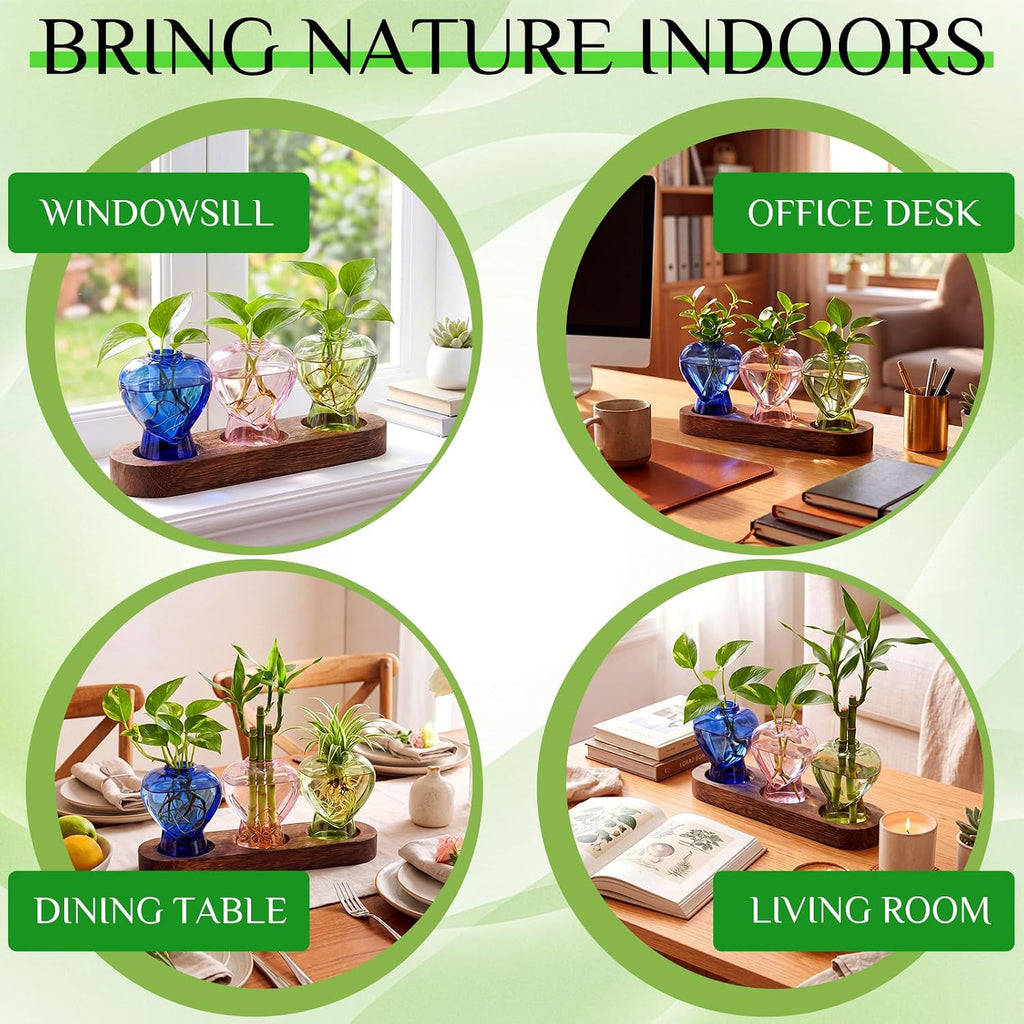 Zhehao 3 Pcs Plant Propagation Stations with Wooden Stand Heart Shaped Propagation Vases for Indoor Plants Home Office