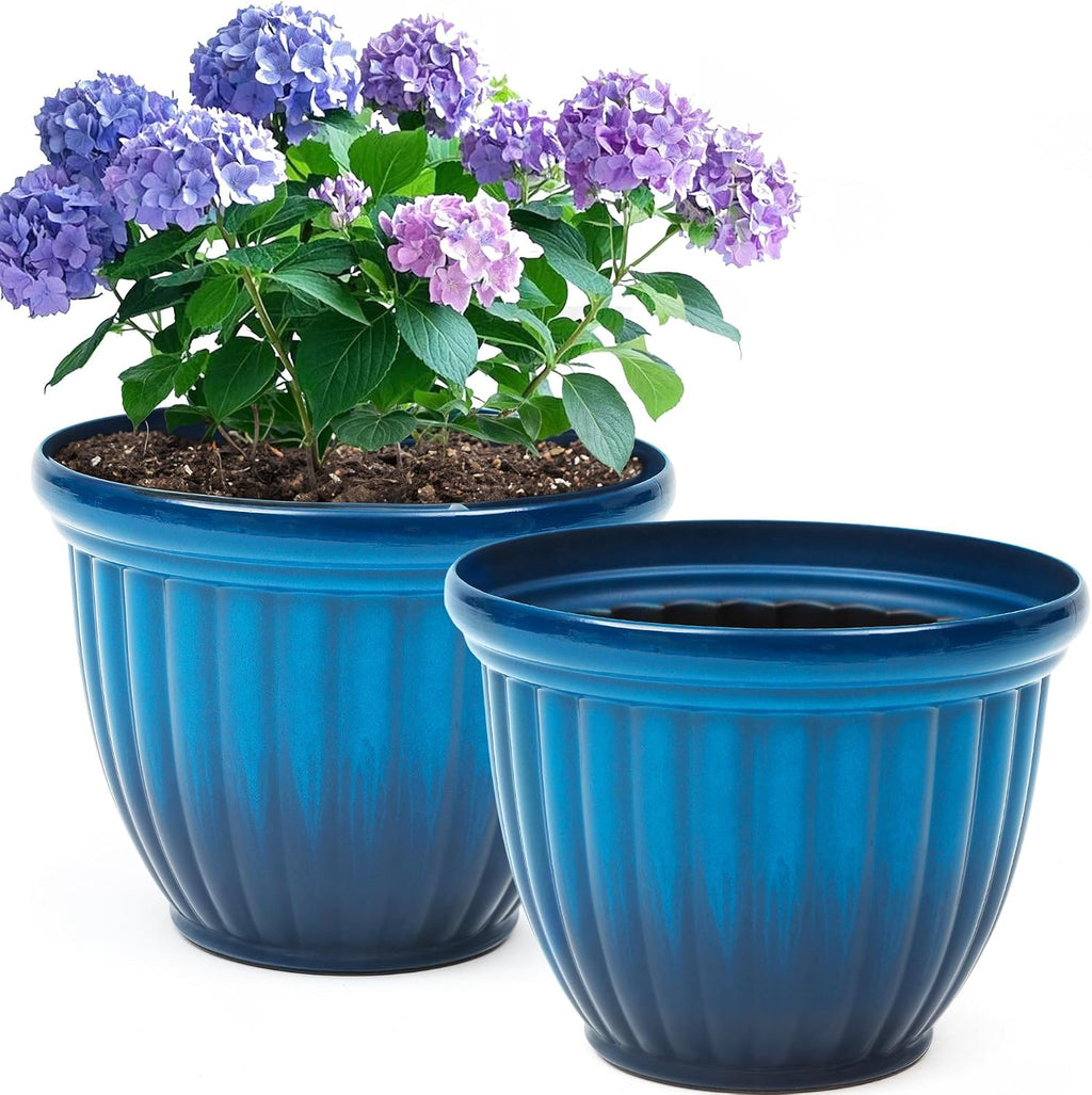 Autodaya 15" Large Planters for Outdoor Plants Set of 2 Plastic Flower Pots | Gradient Blue Finish and 3D Textures