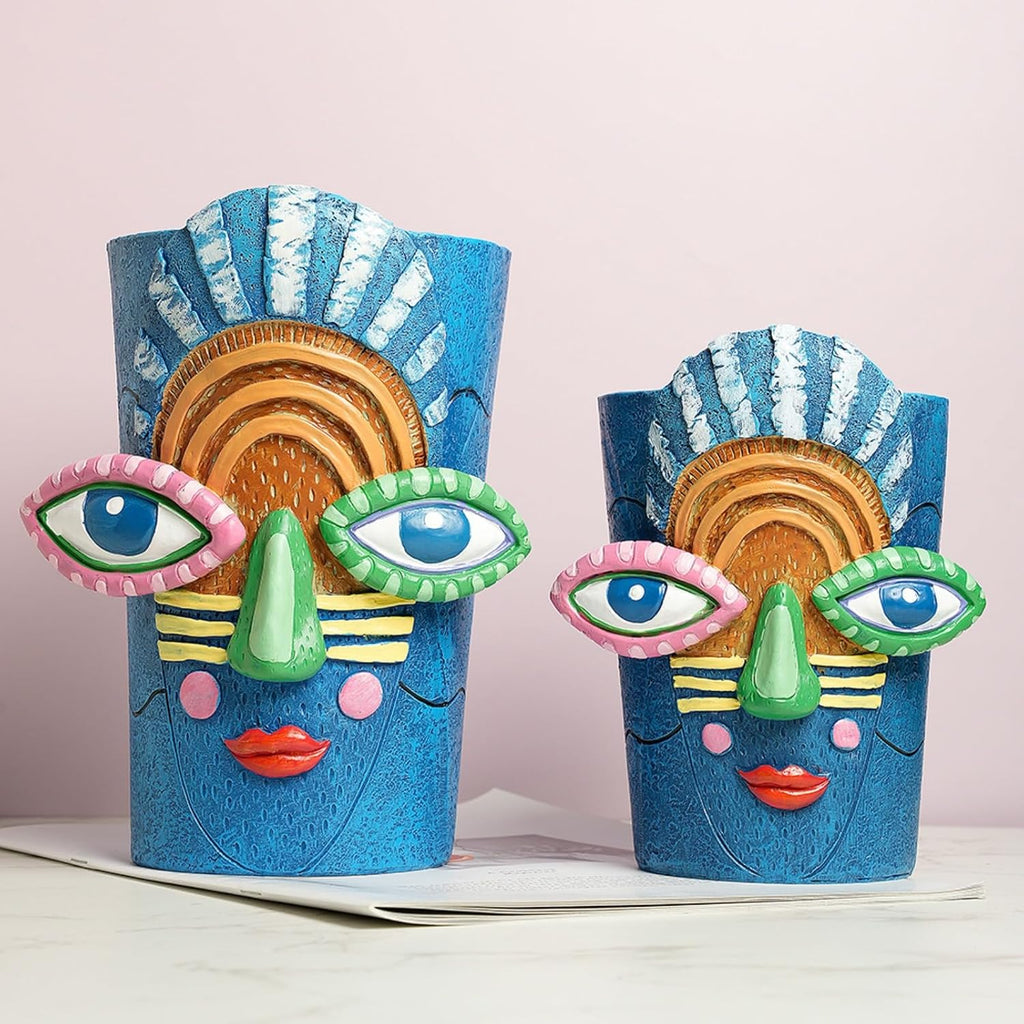 Picasso Blue Face Planter Pots/Vase, Colorful Abstract Head Planter Handmade Resin Flower Pot with Drainage Unique Home