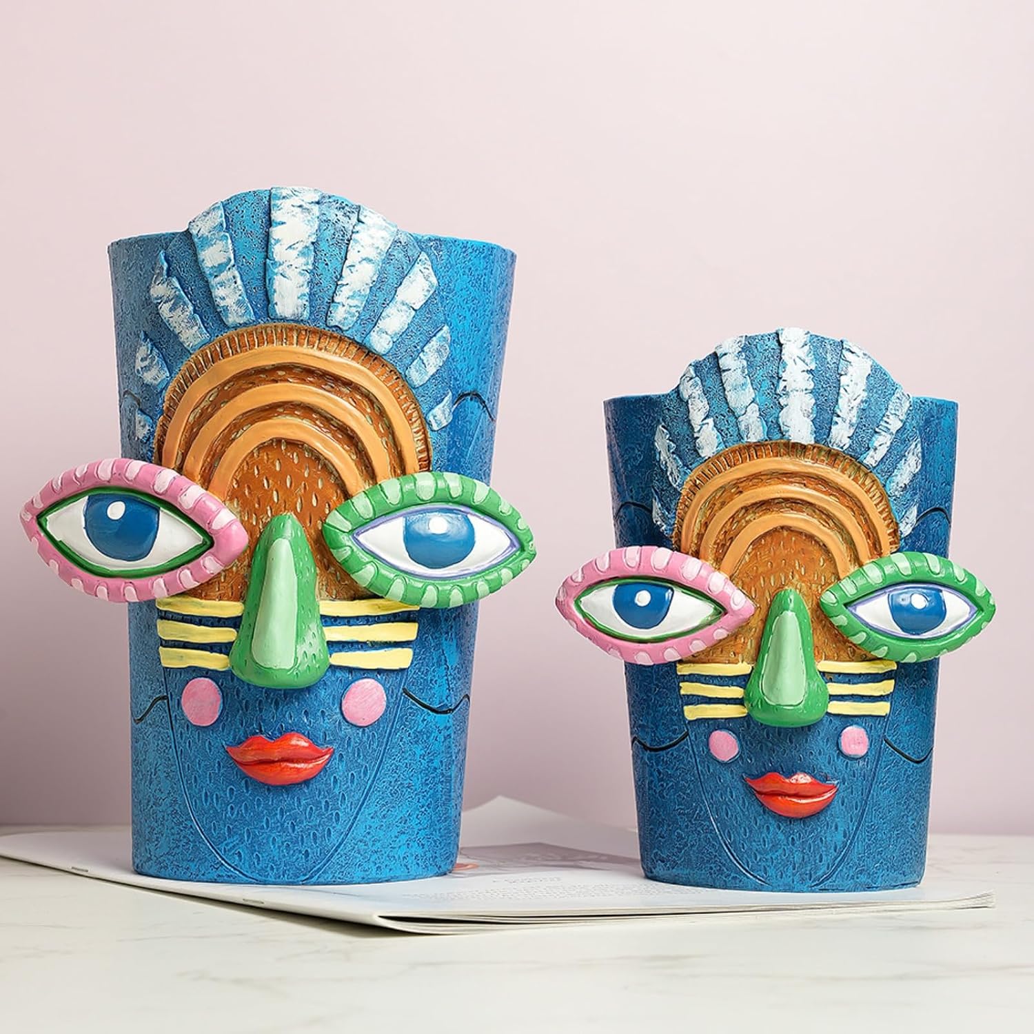 Picasso Blue Face Planter Pots/Vase, Colorful Abstract Head Planter Handmade Resin Flower Pot with Drainage Unique Home