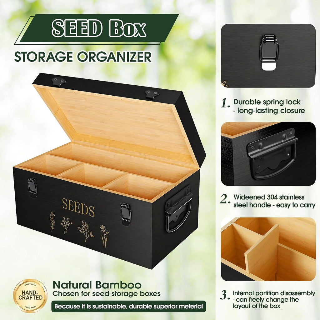Bamboo Seed Storage Organizer, Large Garden Seed Organizer with Lid & Safety Lock & Handles, Seed Box Includes Seed