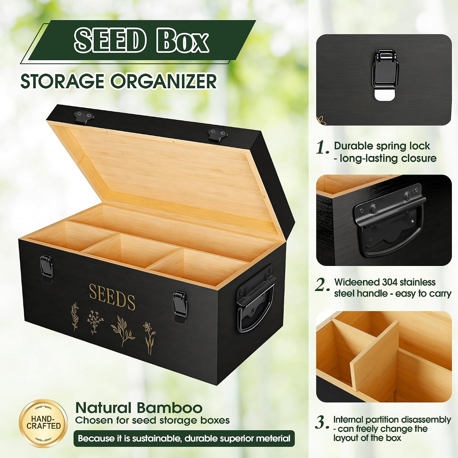 Bamboo Seed Storage Organizer, Large Garden Seed Organizer with Lid & Safety Lock & Handles, Seed Box Includes Seed