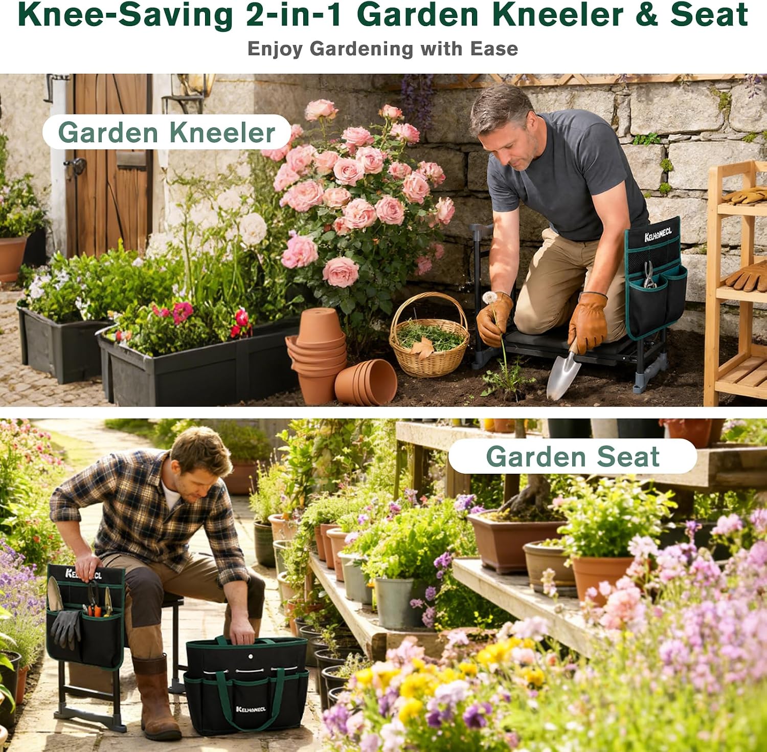 Garden Kneeler and Seat - Extra Wide Thick EVA Pad, Heavy Duty Foldable Garden Bench Holds 350lbs, 2-in-1 Gardening