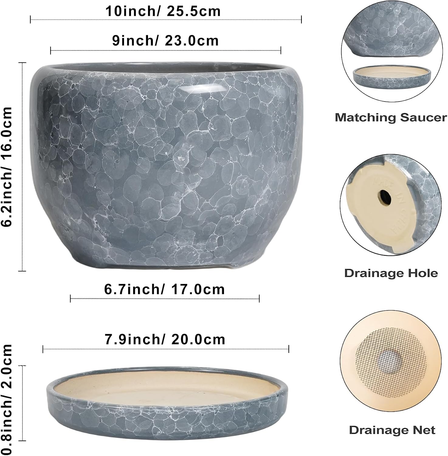 SQOWL Ceramic Pot for Plants - 10 Inch Plant Pot Indoor with Drainage Hole and Saucer, Round Ceramic Planter