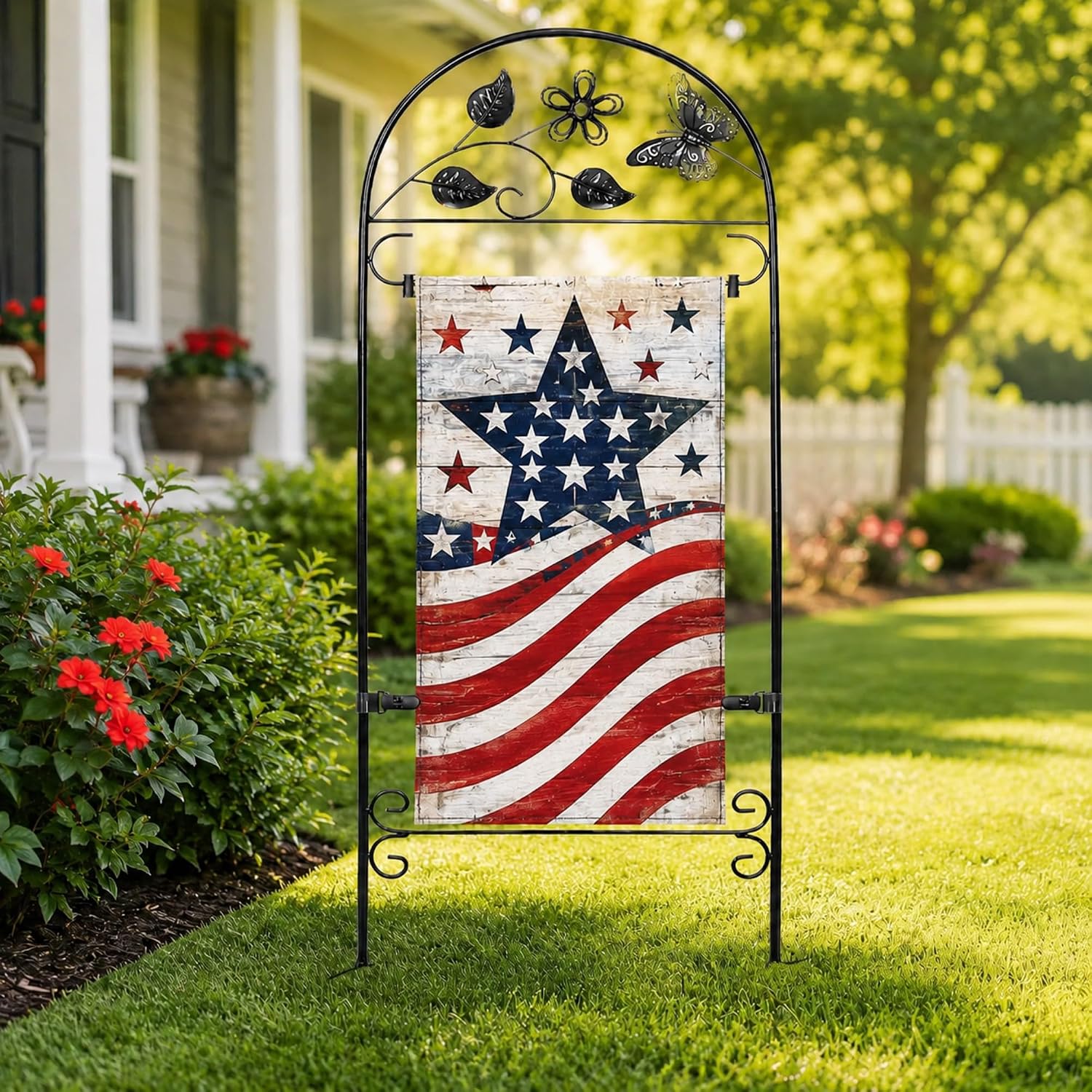 AceList Garden Flag Holder Stand, Wrought Iron 8-Prong, for 12x18 | Windproof butterfly yard pole with velcro clips