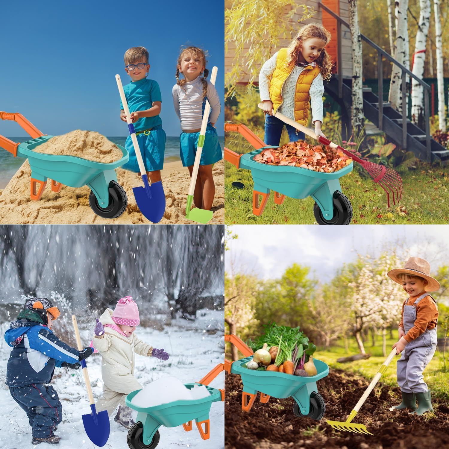 Qtioucp Kids Gardening Set with Wheelbarrow, Real Metal Garden Tools for Kids Ages 3-8, 4 Long Handle Tools, 3 Hand