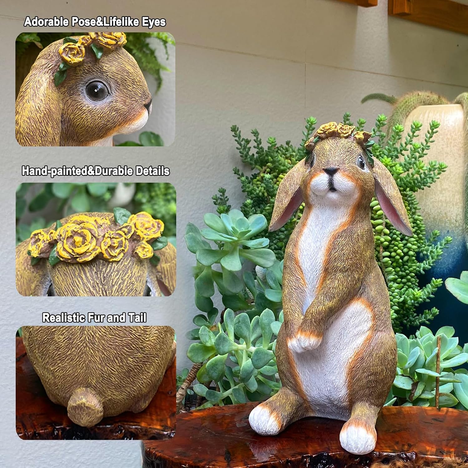 Lonyin Rabbit Garden Statue, Bunny Animal Figurines Indoor Outdoor Statues | Weather Resistant Flower Bunny for Yard