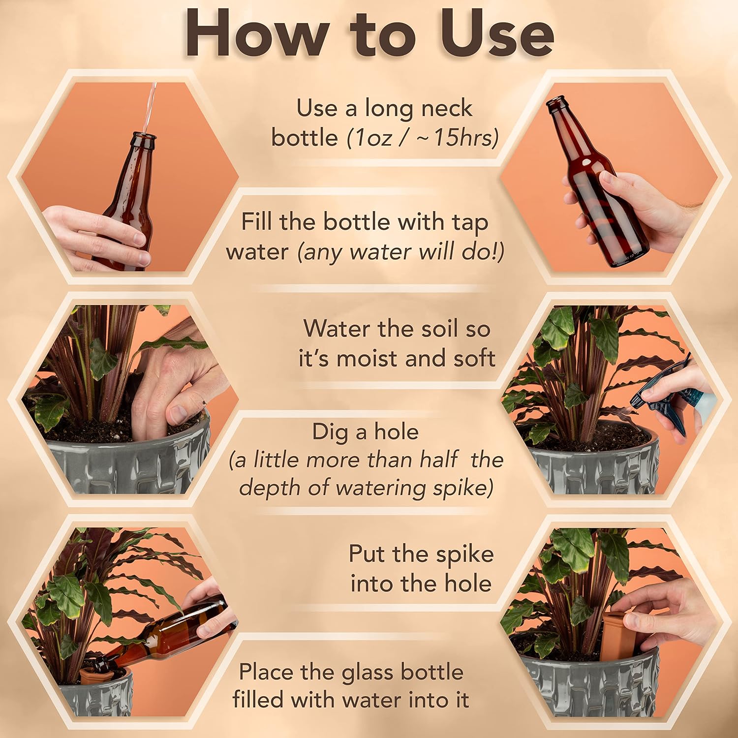 6 Pack Terracotta Watering Spikes for Indoor and Outdoor Plants - Simple and Easy Setup - Keep Plants Happy and Watered