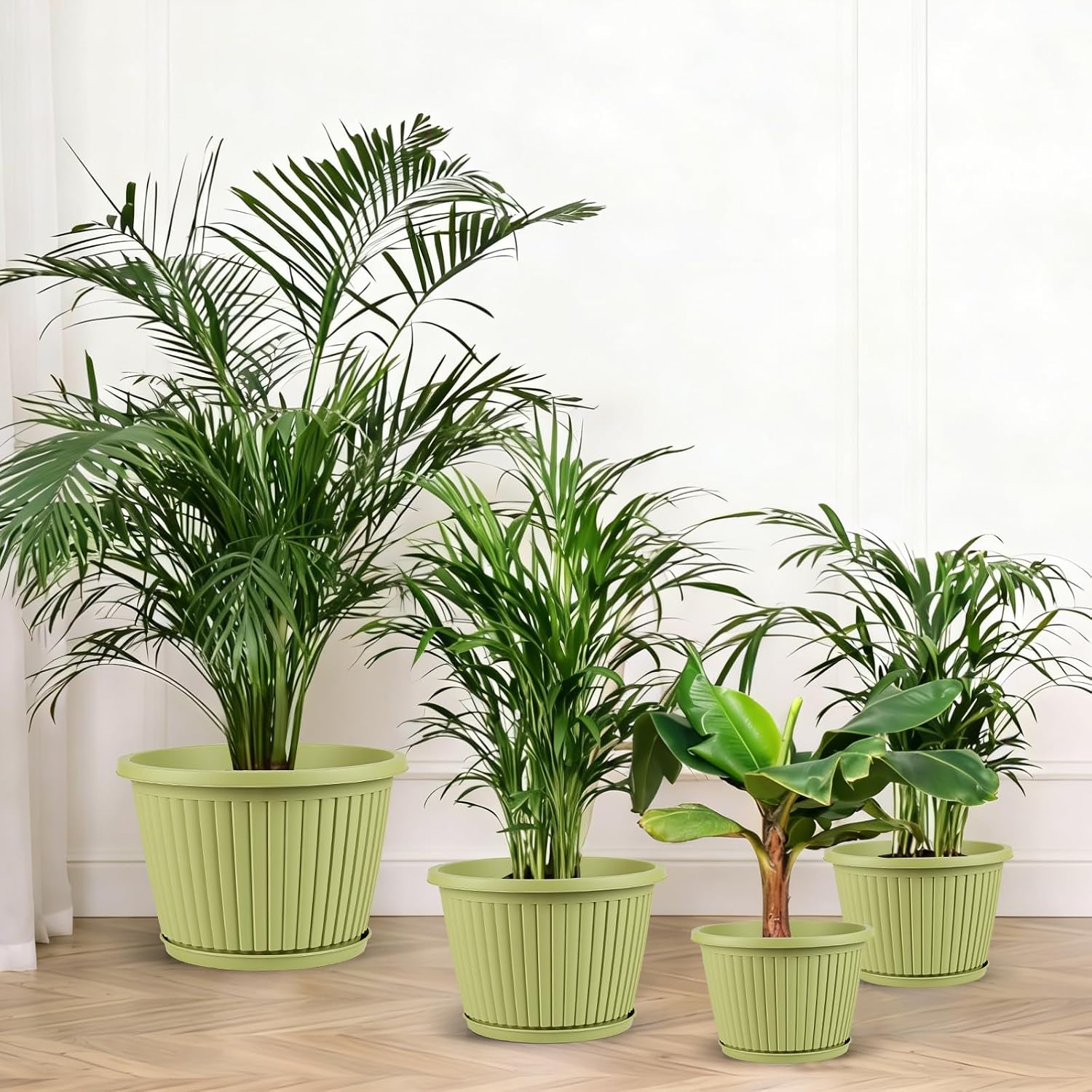 10-inch-Planters-for-Outdoor-Plant，Plastic Indoor Flower Pots with Drainage Holes & Saucer，4 Packs Decorative Garden