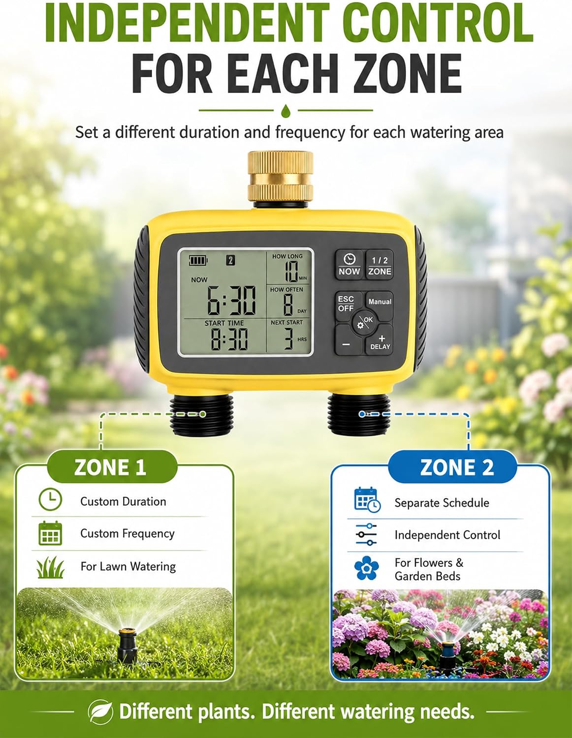 Hose Timer 2 Outlet, 2 Zone Programmable Sprinkler Timer with Rain Delay & Manual Mode, Heavy Duty Digital Timer for