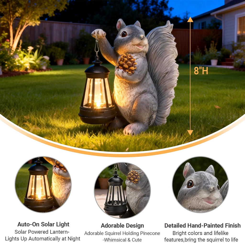 Solar Squirrel Garden Statue Outdoor Decor, Grey, Resin | Sculpture with Lantern，For Yard Lawn Patio Balcony, Christmas