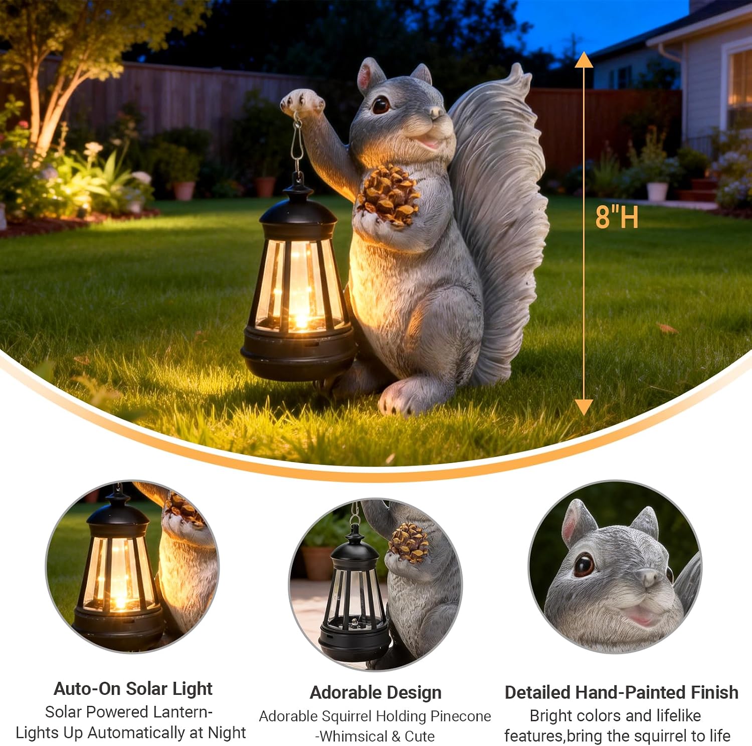 Solar Squirrel Garden Statue Outdoor Decor, Grey, Resin | Sculpture with Lantern，For Yard Lawn Patio Balcony, Christmas