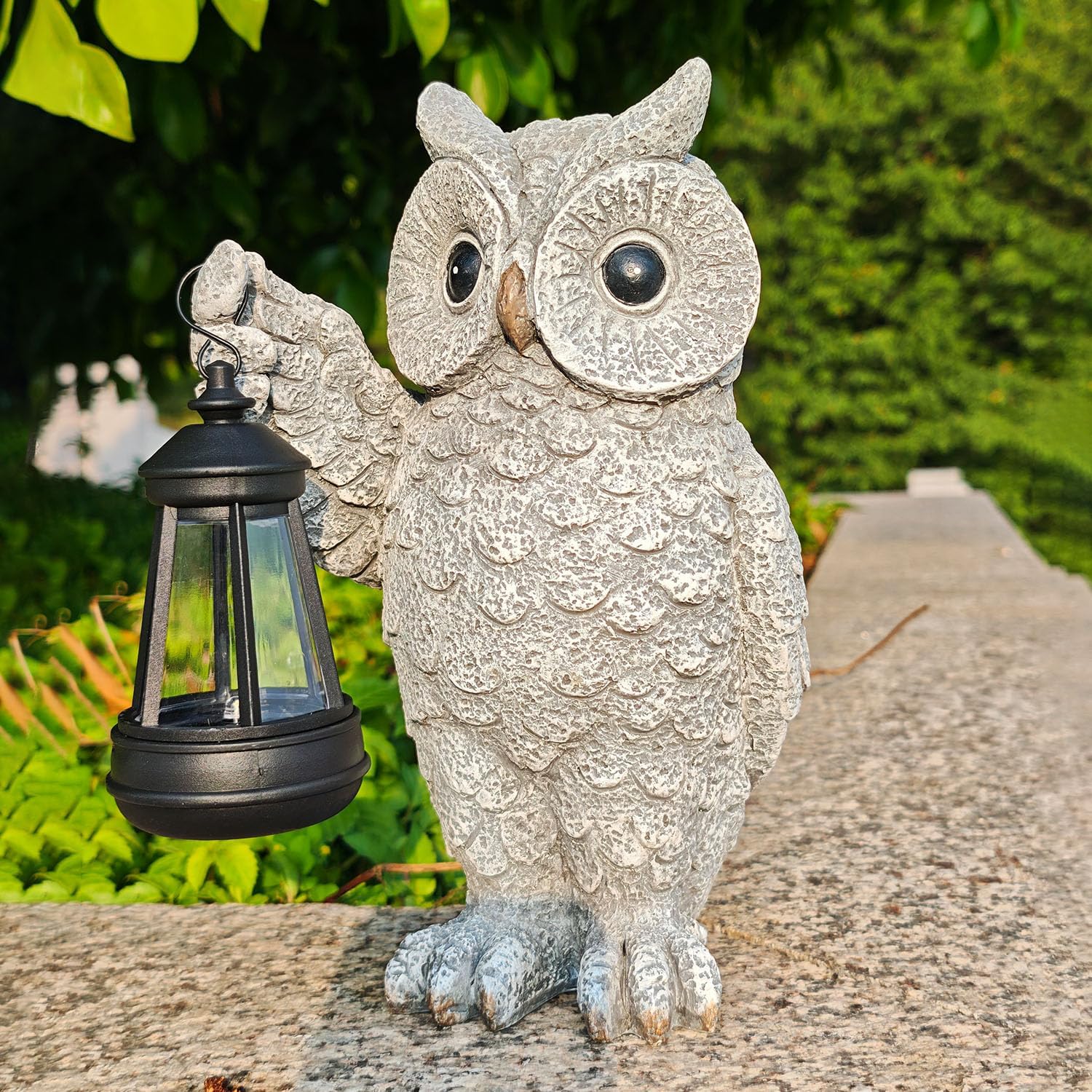 Solar Owl Garden Statue with LED Lantern, Waterproof Outdoor Resin Figurine (Grey Owl)
