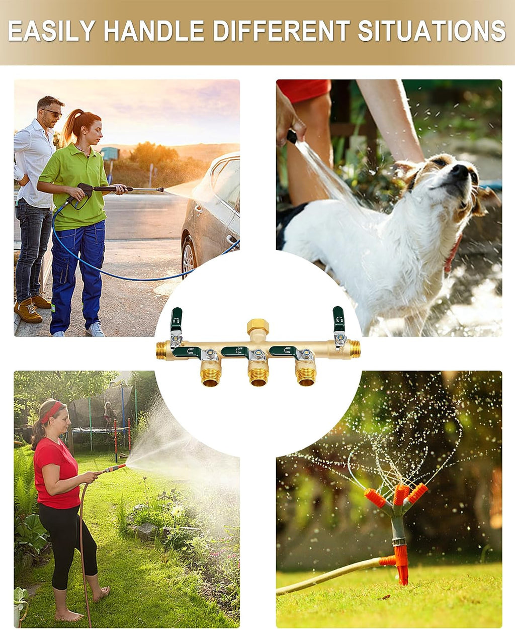 EBH Garden Hose Splitter 5 Way, Heavy Duty Solid Brass Hose Splitter with Shutoff Valves, Water Spigot Splitter With