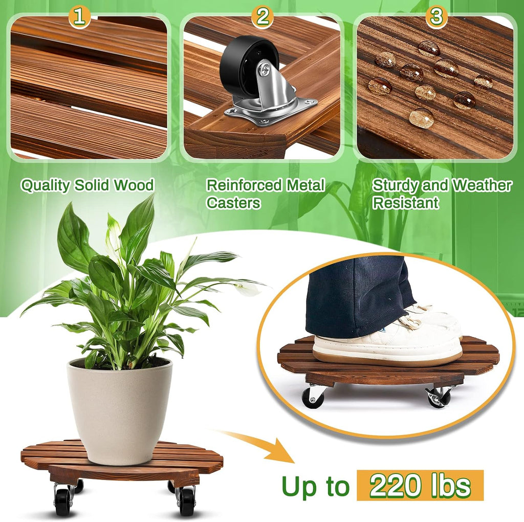 2 Pack 16 Inch Wooden Rolling Plant Caddy, 220 Lbs Lockable Wheels