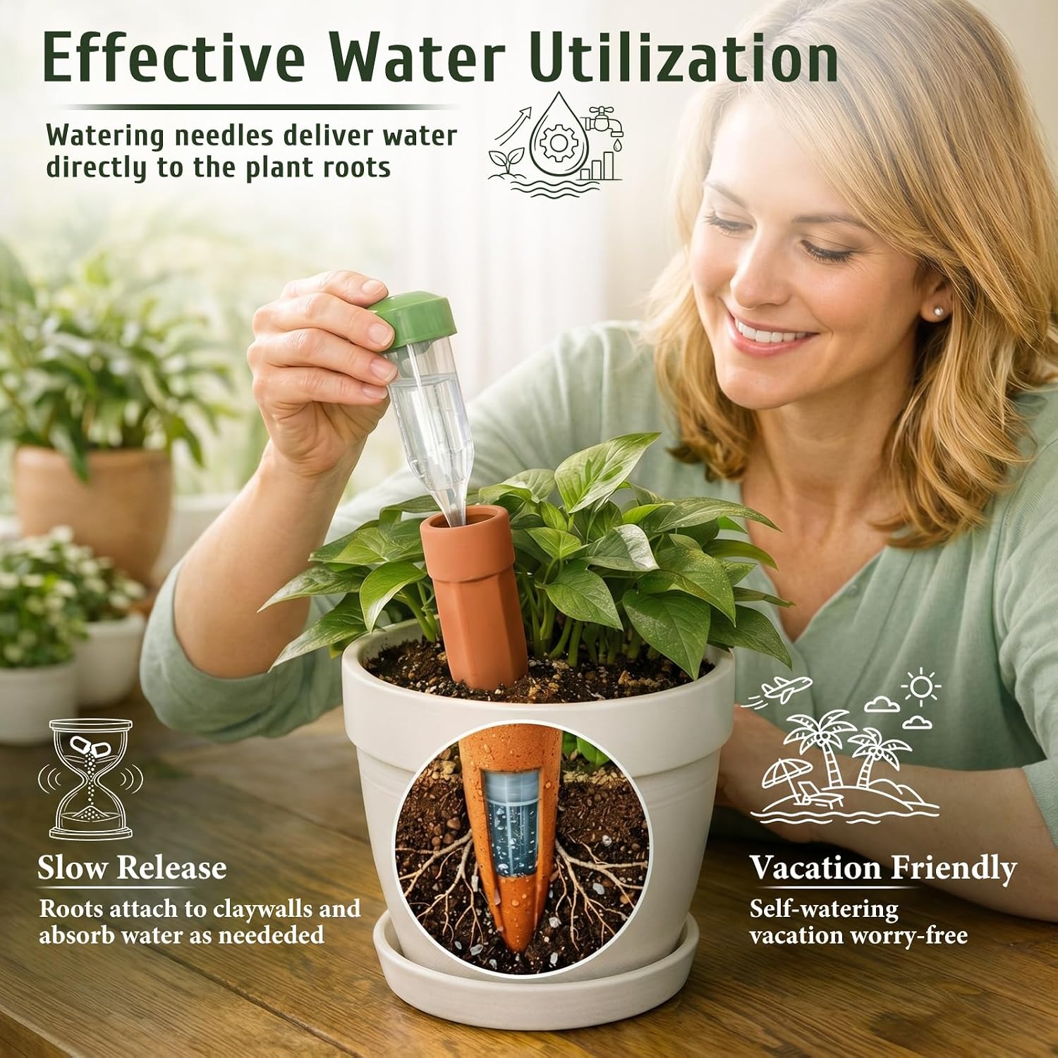 Honeydak 6pcs Medium Terracotta Watering Spikes with Lids 5'' Automatic Plant Waterer Self Watering Stake Planter