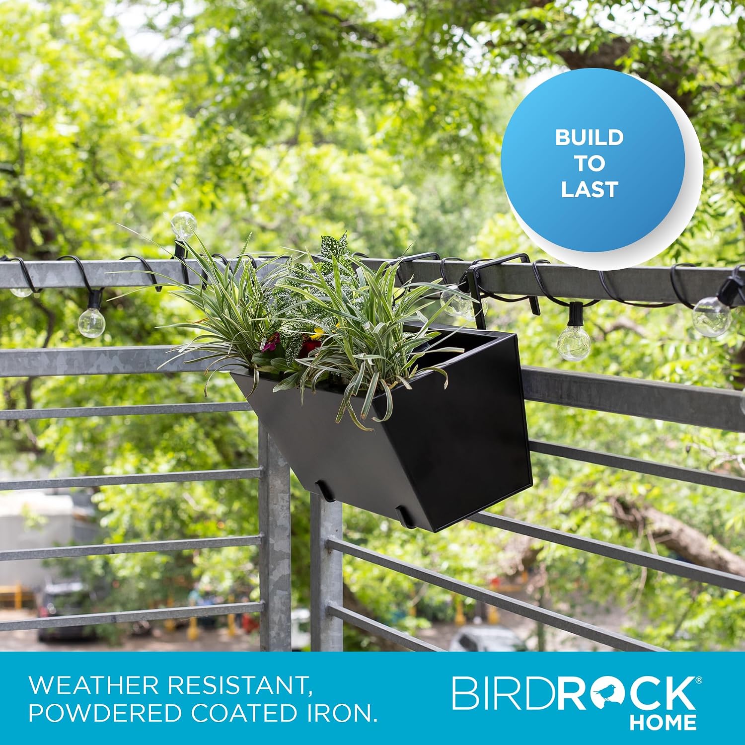 BIRDROCK HOME 2pk Metal Railing Planter Box | Flower Boxes for Deck Railings | Adjustable Rail Hanging Bracket | Black