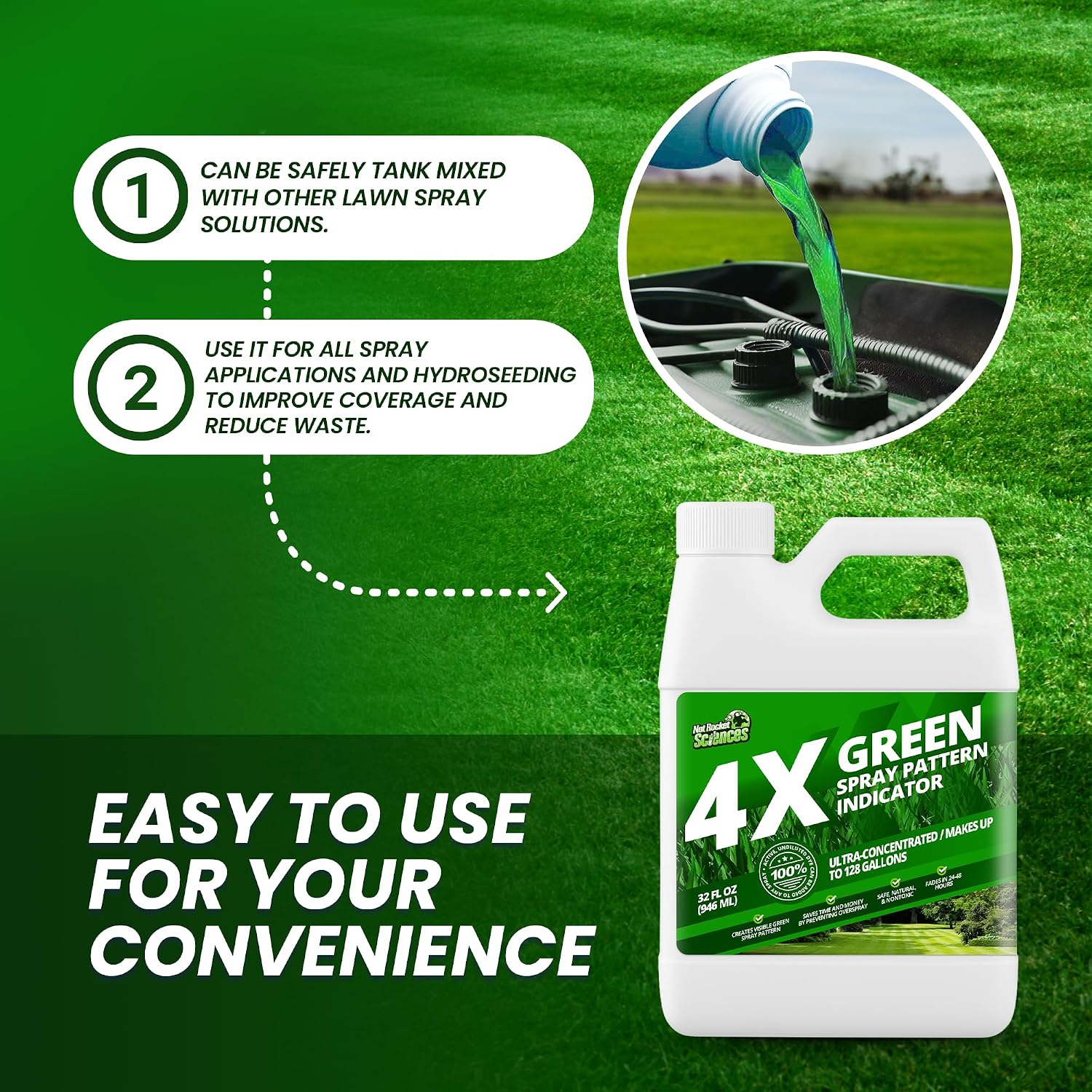 4X Green Spray Pattern Indicator Dye for Lawns & Gardens, 32oz | Not Rocket Sciences Concentrated Turf Marker, Makes